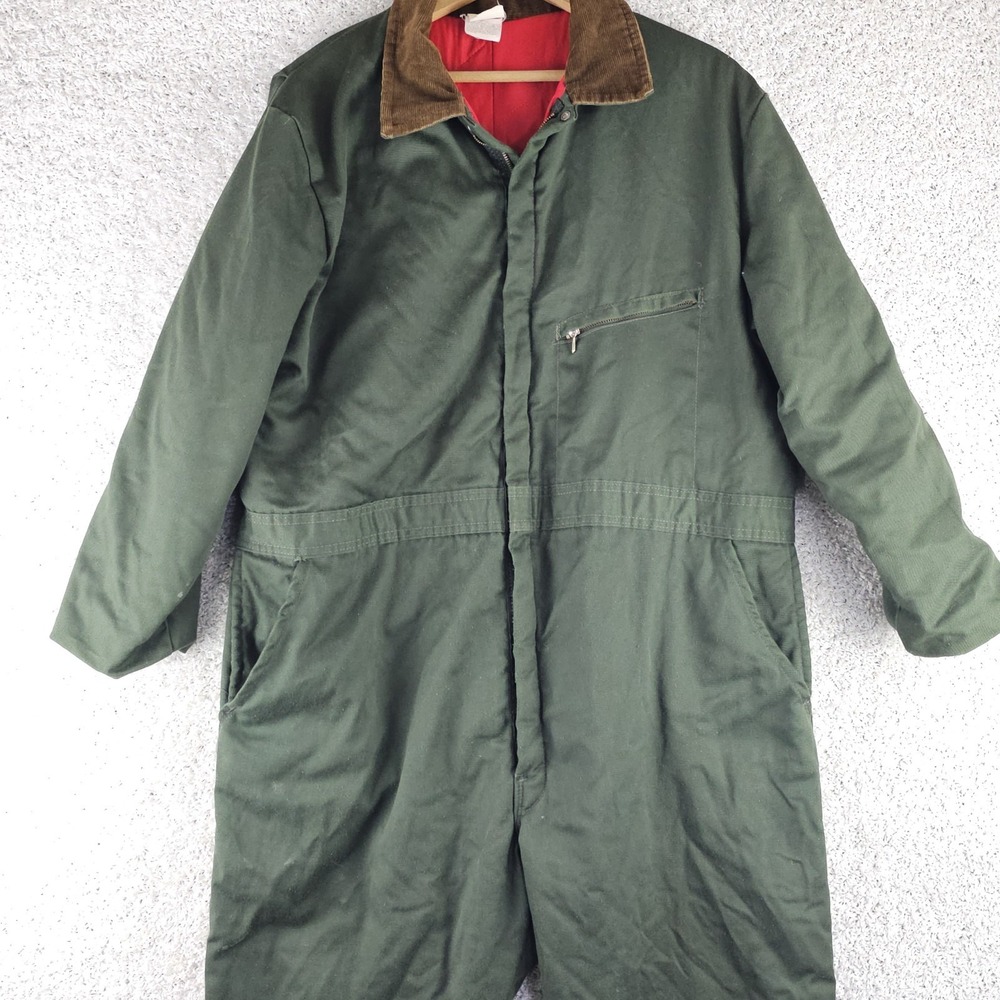 Vintage Green Insulated Quilted Coveralls Corduroy Collar 80s 70s Talon Zip 2XL